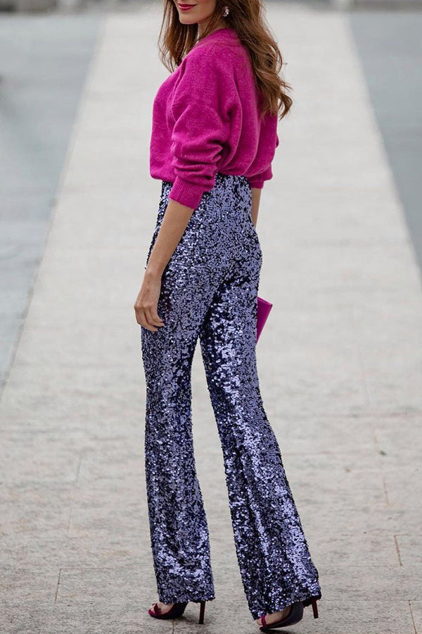 Sequin High Rise Elastic Waist Flare Pants