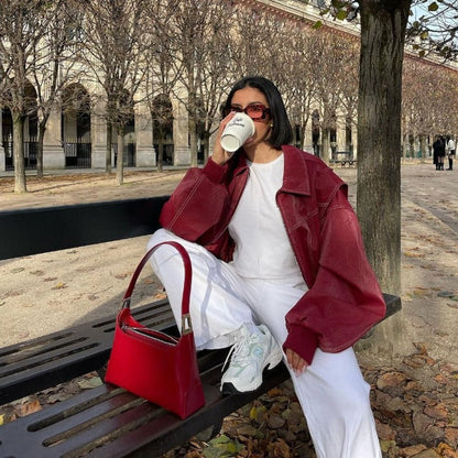 Oversized red leather jacket