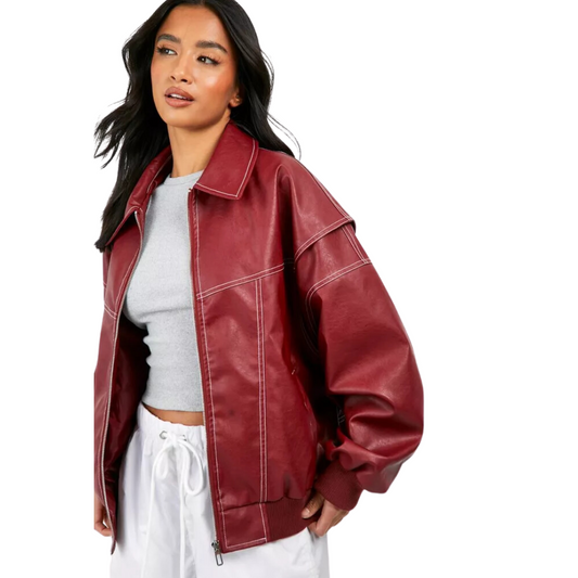 Oversized red leather jacket