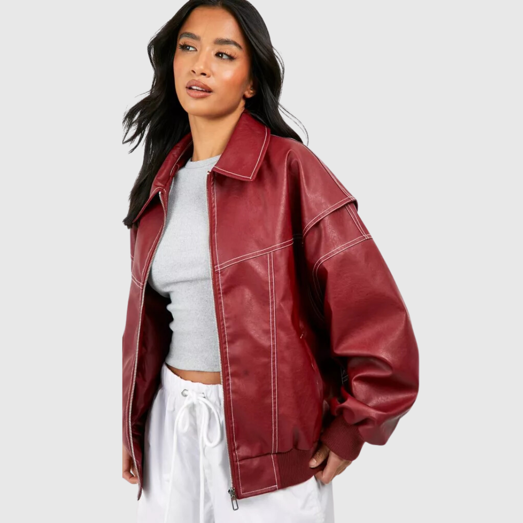 Oversized red leather jacket