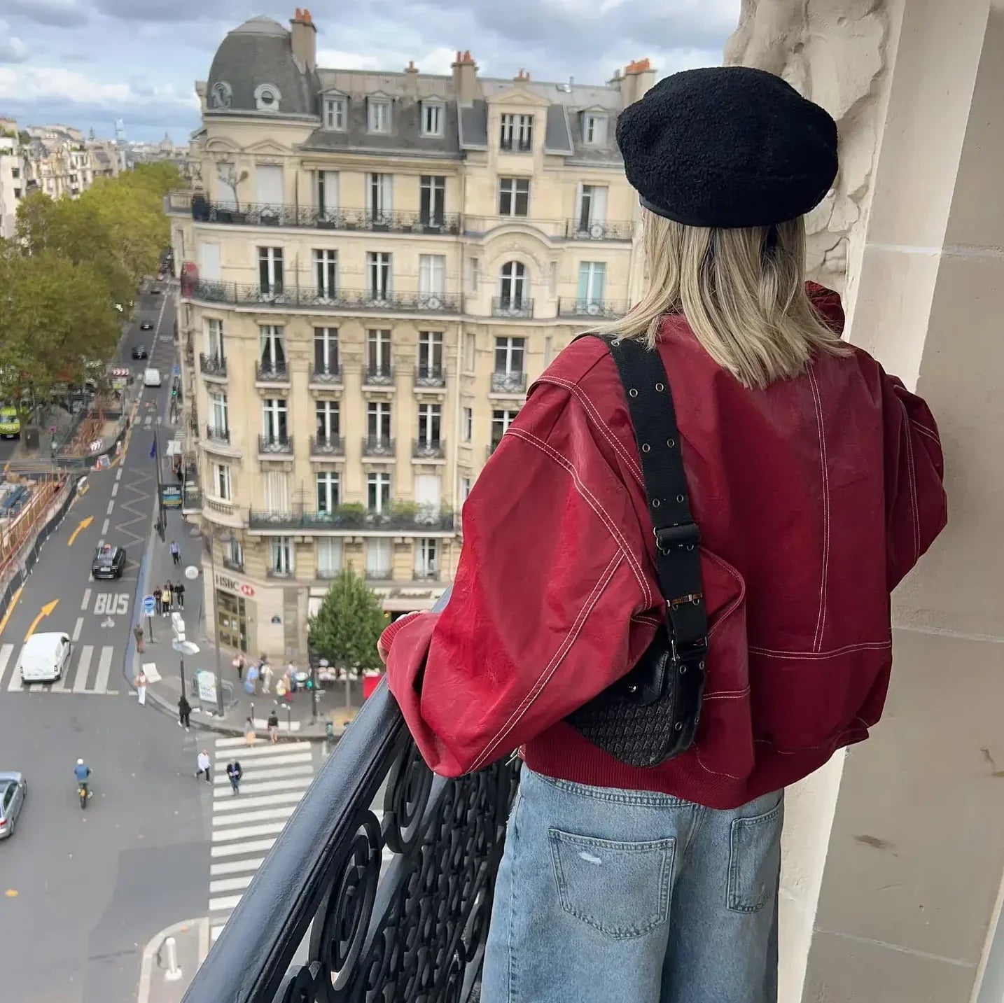 Oversized red leather jacket