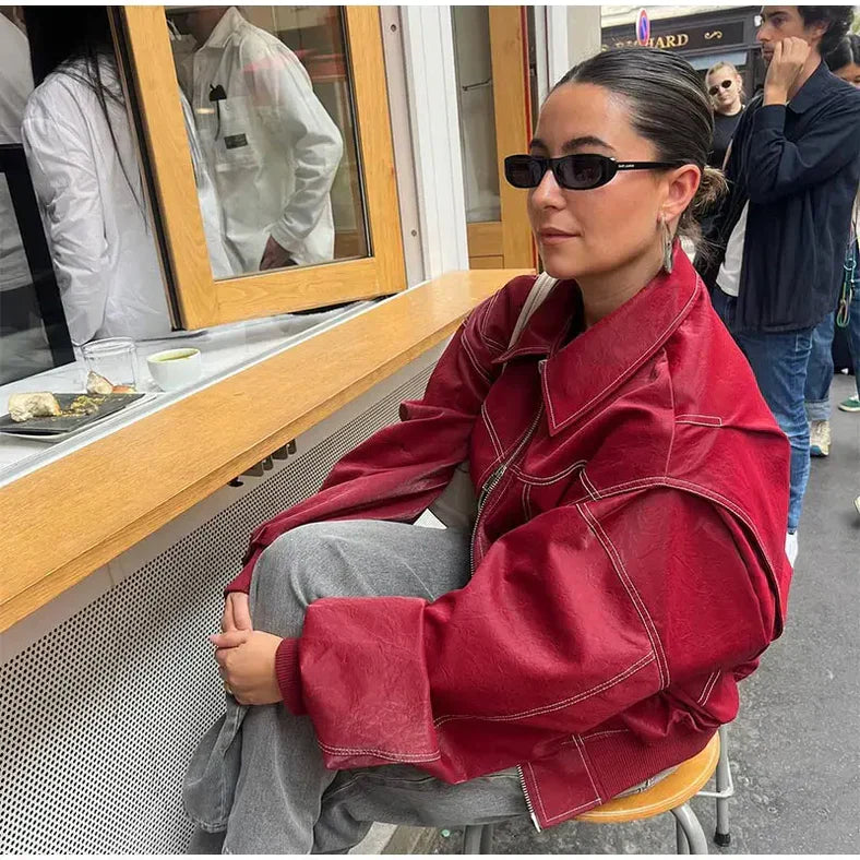 Oversized red leather jacket