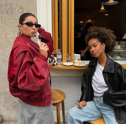 Oversized red leather jacket