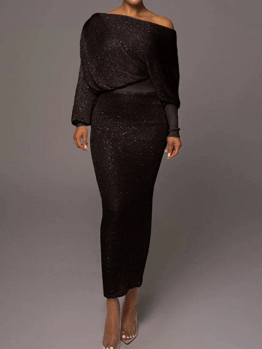 Two-piece knitted sequin set with an asymmetrical neckline