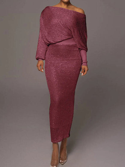 Two-piece knitted sequin set with an asymmetrical neckline